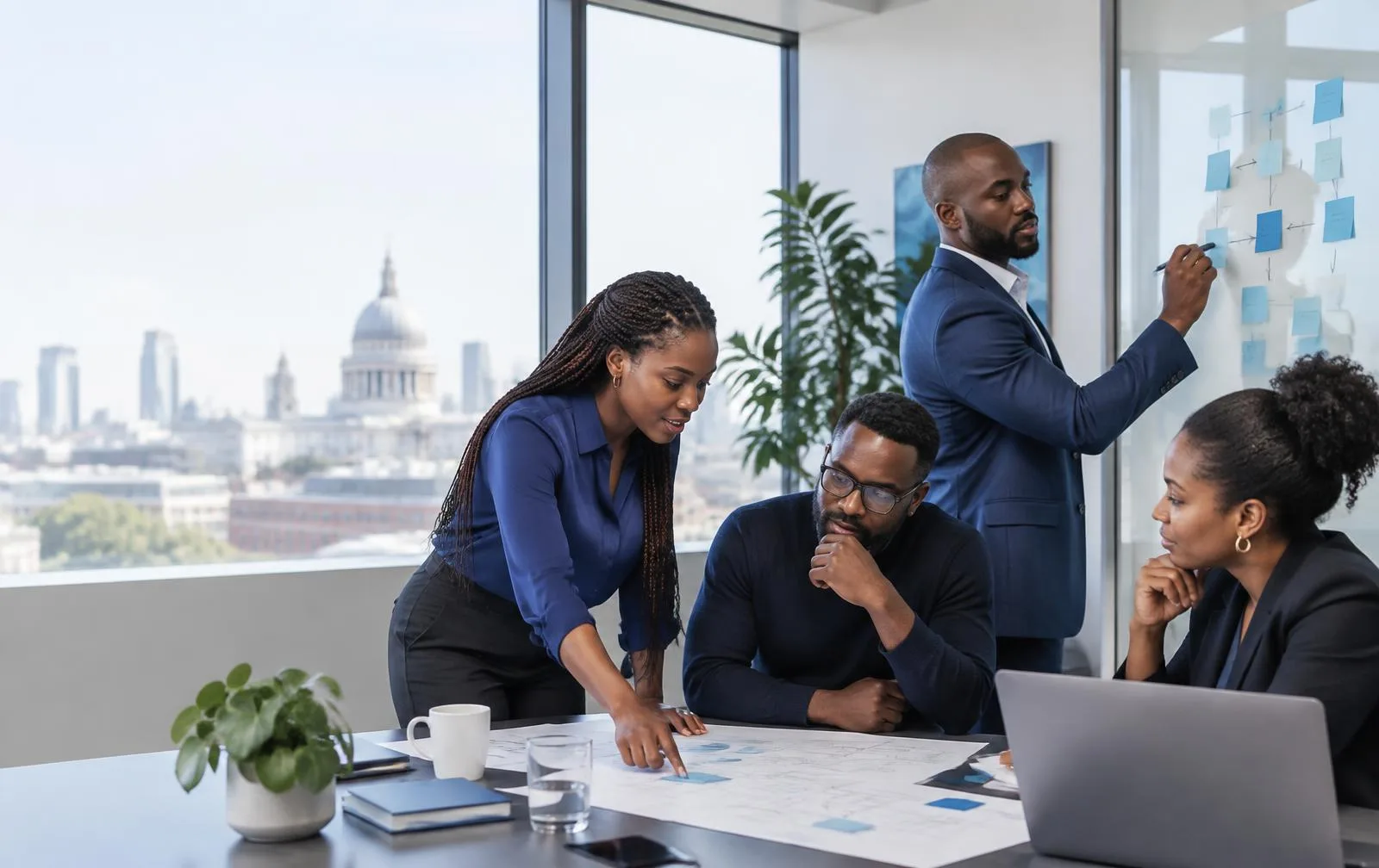 A team of professionals reviewing an operations plan together
